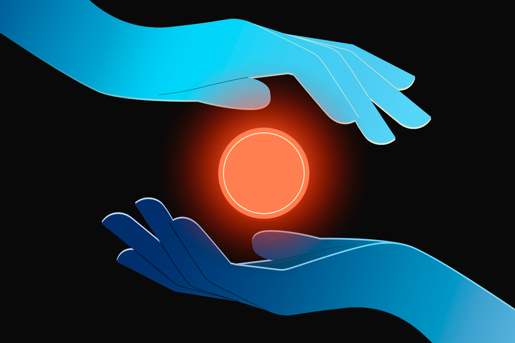 Manos humanas guiando tecnología de IA para resultados empresariales prácticos